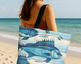 Fish Print Beach Tote Bag: Large Waterproof Polyester Angler Gift