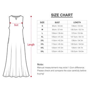 May include: A size chart for a sleeveless dress, with bust and length measurements in inches and centimeters. The chart includes sizes S through 5XL, with bust measurements ranging from 35.4 inches to 49.2 inches and lengths from 53.5 inches to 54.9 inches.