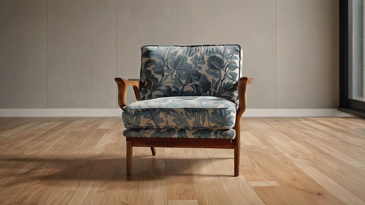 Mid Century Modern Lounge Chair | Solid Wood Frame | Blue Upholstered Armchair | Scandinavian Accent Chair | Living Room Seating
