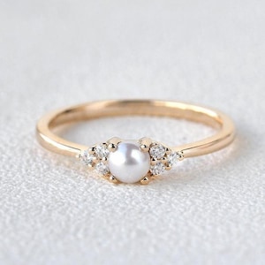 925 Pearl Ring,14K Gold Diamond Pearl Ring, Dainty Freshwater Pearl Ring, Natural Pearl Ring,June birthstone Ring, Personalized gift for her