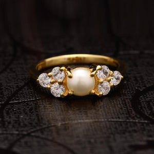 14K Solid Gold Pearl Engagement Ring, Art Deco Pearl Birthstone Ring, Pearl Engagement Ring, Pearl Gold Jewelry, White Pearl Ring For Her