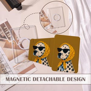 May include: Clear phone case with a white ring grip and a brown case featuring a Dalmatian dog wearing sunglasses and a yellow scarf. The text "MAGNETIC DETACHABLE DESIGN" is at the bottom.