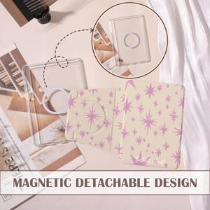May include: Clear rectangular case with a white ring and a beige cover with a purple starburst pattern. The text "MAGNETIC DETACHABLE DESIGN" is at the bottom. The case is designed for a Kindle.