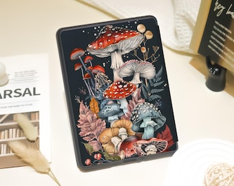 May include: A black e-reader case featuring a colourful illustration of mushrooms and leaves. The mushrooms are red, white, and blue with brown stems. The leaves are green, brown, and pink.