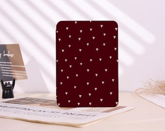 Custom Burgundy Heart Pattern Kindle/Kobo Case For Kindle Colorsoft,Kindle 8/10/11/12 PaperWhite 10/11/12th,Kobo Clara 2E,Cover w Hand Strap