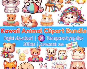 Pastel Kawaii Animal Clipart Bundle, Baby Animals PNG (Digital Download)