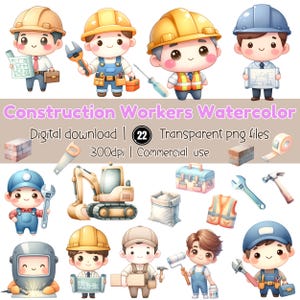 Puede incluir: Descarga digital de acuarelas que representan a trabajadores de la construcción y sus herramientas. La imagen incluye trabajadores con cascos, planos y herramientas como llaves y rodillos de pintura. El texto dice "Construction Workers Watercolor".