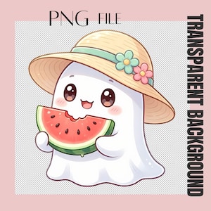 May include: A cute cartoon ghost wearing a straw hat with blue and pink flowers, eating a slice of watermelon. The image has the text "PNG FILE" and "TRANSPARENT BACKGROUND".