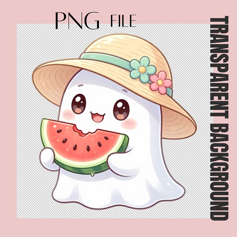 May include: A cute cartoon ghost wearing a straw hat with blue and pink flowers, eating a slice of watermelon. The image has the text "PNG FILE" and "TRANSPARENT BACKGROUND".