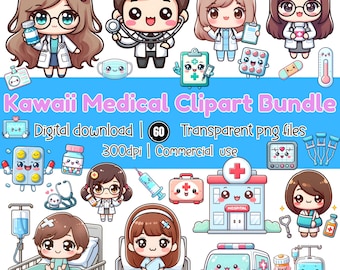 Conjunto de imágenes prediseñadas médicas kawaii / Doctora y enfermera pastel PNG (descarga digital)