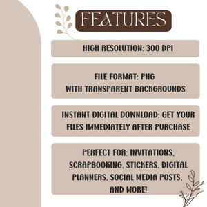 May include: Digital product features are displayed on a beige background. The text includes "FEATURES" in a brown banner, followed by details about high resolution, PNG file format with transparent backgrounds, and instant digital download.