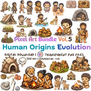 Human Evolution Pixel Art Clipart, Prehistoric PNG Bundle, Stone Age Digital Stickers, Early Human Graphics, Kawaii 16 Bit Art
