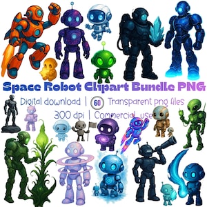 May include: A digital download featuring a collection of colourful space robot clipart in various designs. The image includes robots in orange, purple, green, and blue, with the text "Space Robot Clipart Bundle PNG". Includes 60 transparent PNG files.