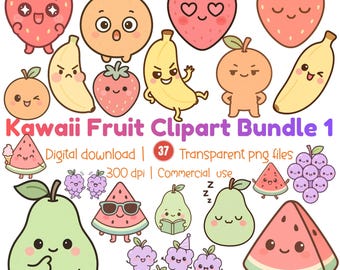 Kawaii Fruit Clipart Bundle, 37 Cute Fruit PNG, Strawberry Orange Banana Watermelon Grapes Pear, Emotion Stickers