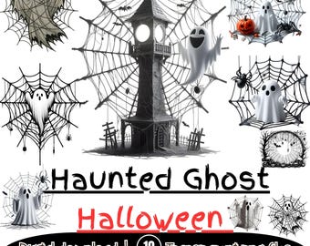 Haunted Halloween Clipart Set: Ghost, Spider Web, Cobweb Frames (PNG Digital Download)
