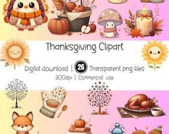 May include: Thanksgiving Clipart digital download featuring 26 transparent PNG files. The image includes illustrations of a turkey, pumpkins, a basket of apples, a mushroom, a cat, a sunflower, a candle, a fox, a tree, a mitten, a roasted turkey, and acorns.