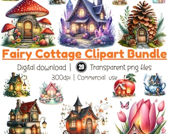 Op de afbeelding: Een digitale downloadbundel met 20 transparante PNG-bestanden van feeënhuisjes-clipart. De illustraties tonen grillige huizen in verschillende stijlen, waaronder paddenstoel-, kristal- en pompoenontwerpen. De tekst "Fairy Cottage Clipart Bundle" is te zien.