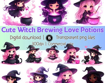 Witch Clipart Set, Kawaii Witch Brewing Love Potion, Magic Cauldron Girls, Valentine