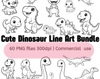 Dinosaur Line Art Bundle | 60 Kawaii Dino Outline Clipart | Baby Coloring Pages, Kids Stickers