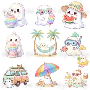 May include: A collection of cute cartoon ghosts enjoying summer activities. The ghosts are depicted with various accessories, including sunglasses, hats, and beach gear. They are shown eating shaved ice, watermelon, and popsicles, and relaxing on the beach.