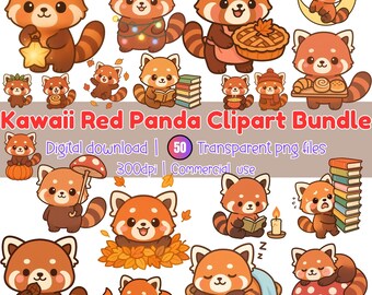 Kawaii Red Panda Clipart Bundle, Cute Red Panda PNG, Cozy Autumn Animal Clipart, Chibi Red Panda Sticker Bundle, Woodland Animal PNG