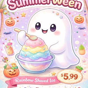 May include: A whimsical illustration featuring a friendly ghost serving rainbow shaved ice. The image is titled "Summerween" and includes a price tag. Additional elements include a smiling sun, palm trees, and Halloween-themed decorations.