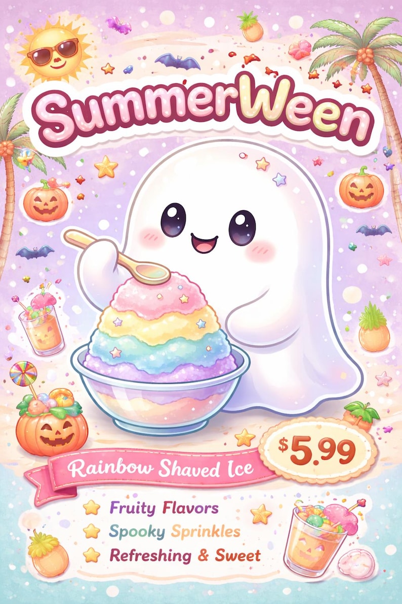 May include: A whimsical illustration featuring a friendly ghost serving rainbow shaved ice. The image is titled "Summerween" and includes a price tag. Additional elements include a smiling sun, palm trees, and Halloween-themed decorations.
