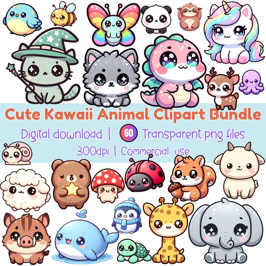Kawaii Chibi Animal Clipart Bundle, Pastel Animals PNG (digital ...
