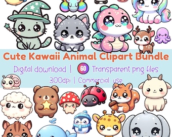 Kawaii Chibi Animal Clipart Bundle, Pastel Animals PNG (Digital Download)