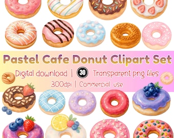 Pastel Cafe Donut Clipart Set | Watercolor Hand-Painted Donuts | Bakery Dessert PNG |  Sweet Food Illustrations