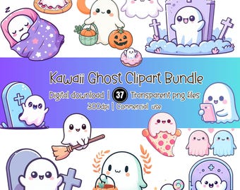 Kawaii Ghost Clipart Bundle: Pastel Halloween PNG Graphics