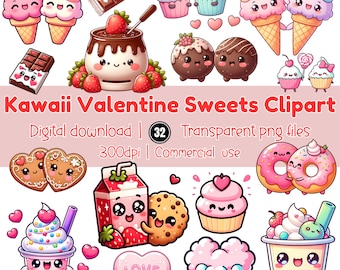 Kawaii Valentine Sweets Clipart, Dessert PNG Bundle, Pastel Candy & Drinks,Food Stickers, Digital Download