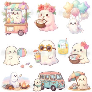 May include: A collection of cute cartoon ghosts enjoying summer activities. One ghost is at a popsicle stand, another is drinking from a coconut, and others are holding beach balls, drinks, and balloons. A ghost is roasting a marshmallow.