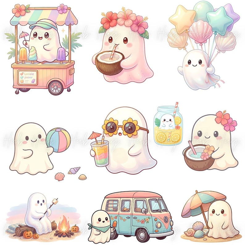 May include: A collection of cute cartoon ghosts enjoying summer activities. One ghost is at a popsicle stand, another is drinking from a coconut, and others are holding beach balls, drinks, and balloons. A ghost is roasting a marshmallow.