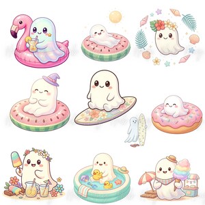 May include: A collection of cartoon ghosts enjoying summer activities. One ghost floats on a flamingo floatie, another on a watermelon float, and others surf, swim in a pool, and eat ice cream. The illustrations feature bright colors and a cheerful theme.