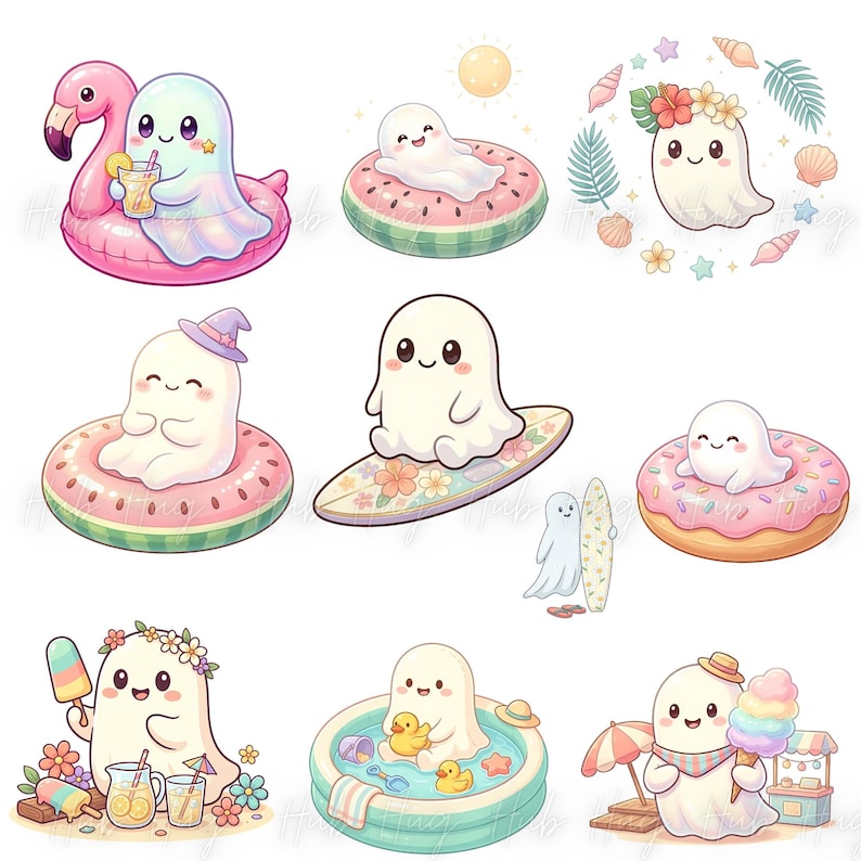 May include: A collection of cartoon ghosts enjoying summer activities. One ghost floats on a flamingo floatie, another on a watermelon float, and others surf, swim in a pool, and eat ice cream. The illustrations feature bright colors and a cheerful theme.