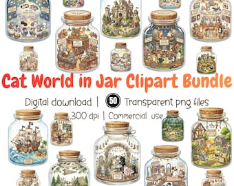 Cat World Clipart Bundle, Miniature Kitten Scenes in Jars (Digital Download)
