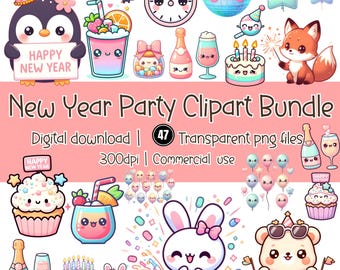 Kawaii New Year Clipart, Party Animals, Pastel PNG (Digital Download)