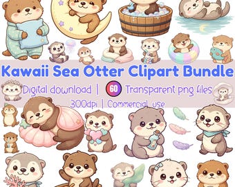 Kawaii Sea Otter Clipart Bundle, Cute Otter PNG, Ocean Animal Clipart, Chibi Sea Otter Sticker Bundle, Marine Animal PNG, Cozy Otter Clipart