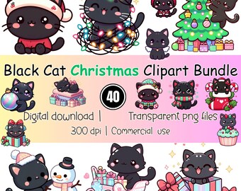 Black Cat Christmas Clipart: Kawaii Holiday PNG Stickers (Digital Download)