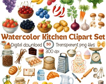 Watercolor Kitchen Clipart Set, Cooking & Baking PNG, Mom’s Kitchen, Farmhouse Food
