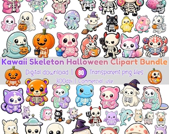 Kawaii Skeleton Halloween Clipart Bundle | 80 Cute Spooky Animal PNG Stickers | Ghost Pumpkin Witch Clip Art | Commercial Use