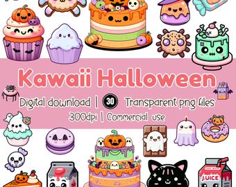 Kawaii Halloween Clipart – Spooky Sweets PNG, 30 Files (Digital Download)
