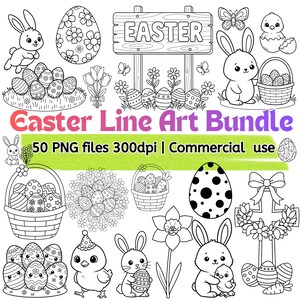 May include: Black and white Easter-themed line art bundle. Includes bunnies, Easter eggs, baskets, chicks, flowers, and a sign that says "Easter". The text "Easter Line Art Bundle" is also visible.