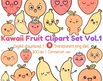 Kawaii Fruit Clipart Set, Cute Strawberry Orange Banana PNG, Emotion Faces, Planner Stickers, Instant Download