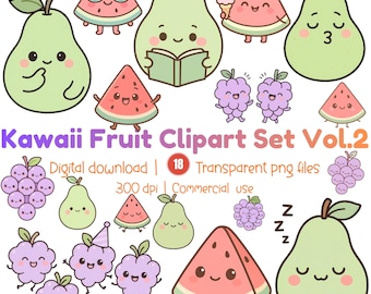 Kawaii Fruit Clipart Set, Cute Watermelon Grapes Pear PNG, Emotion Faces, Planner Stickers, Instant Download