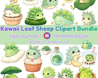 Kawaii Leaf Sheep Clipart Bundle, Cute Sea Slug PNG, Costasiella Kuroshimae Clipart, Pastel Marine Animal, Cute Sticker PNG