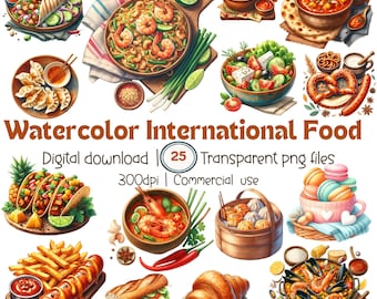 Watercolor International Food Clipart: Global Cuisine PNG Set (Digital Download)