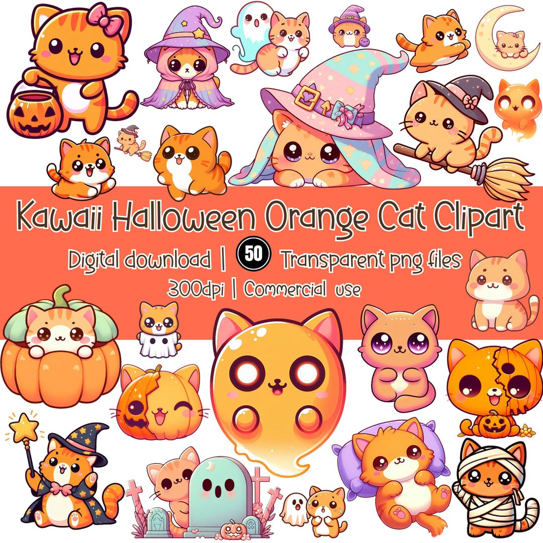 Kawaii Halloween Orange Cat Clipart - Cute Spooky Cat PNG Bundle for ...