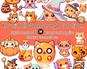 Kawaii Halloween Cat Clipart – Orange Spooky PNG Bundle (50 Files)